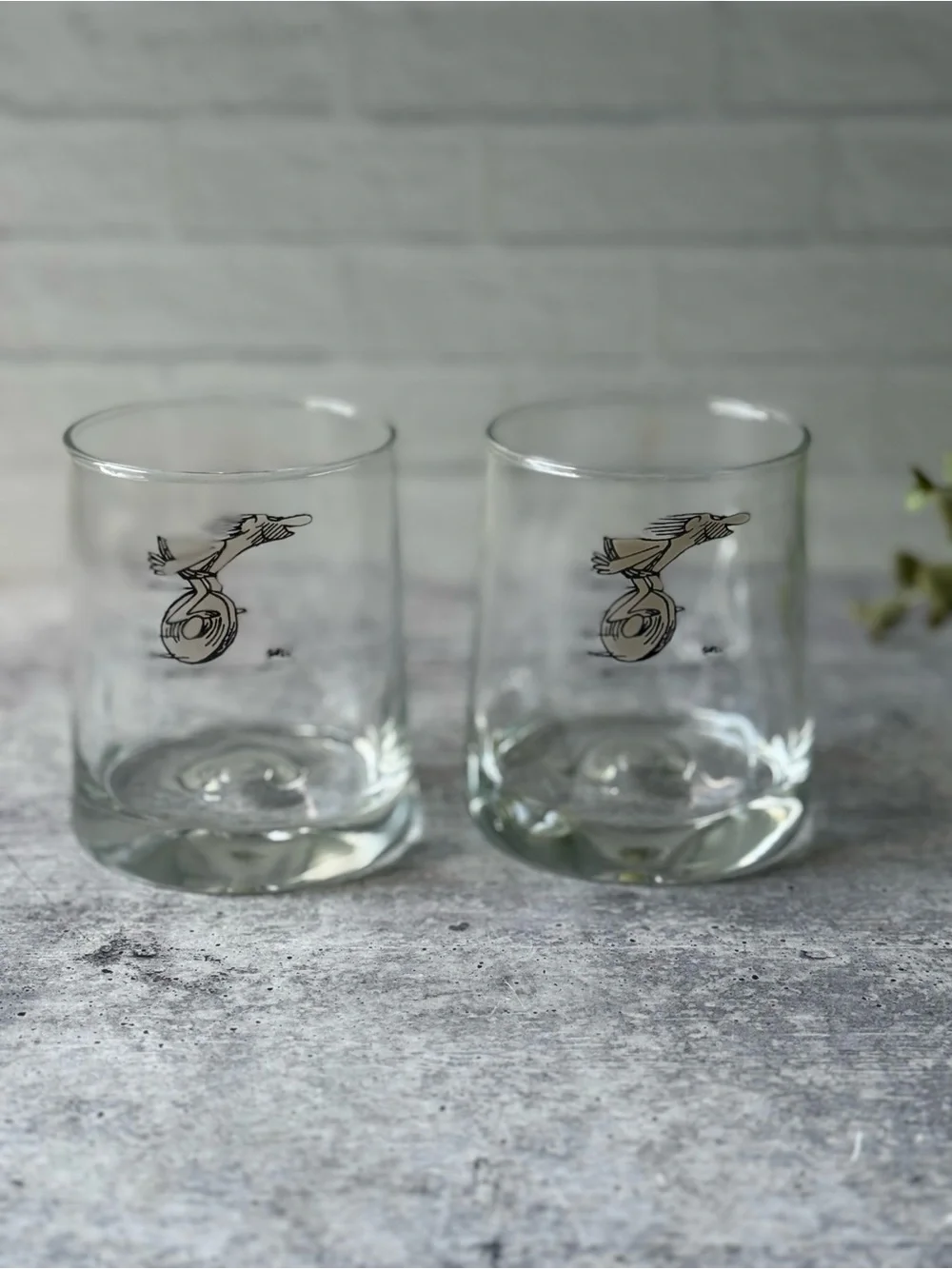 2 Vintage BC Comic Caveman on Wheel Dimpled Tumbler Glasses by Johnny Hart 70s